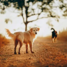 A golden retriever stands on a dusty dirt road under the warm glow of sunset.